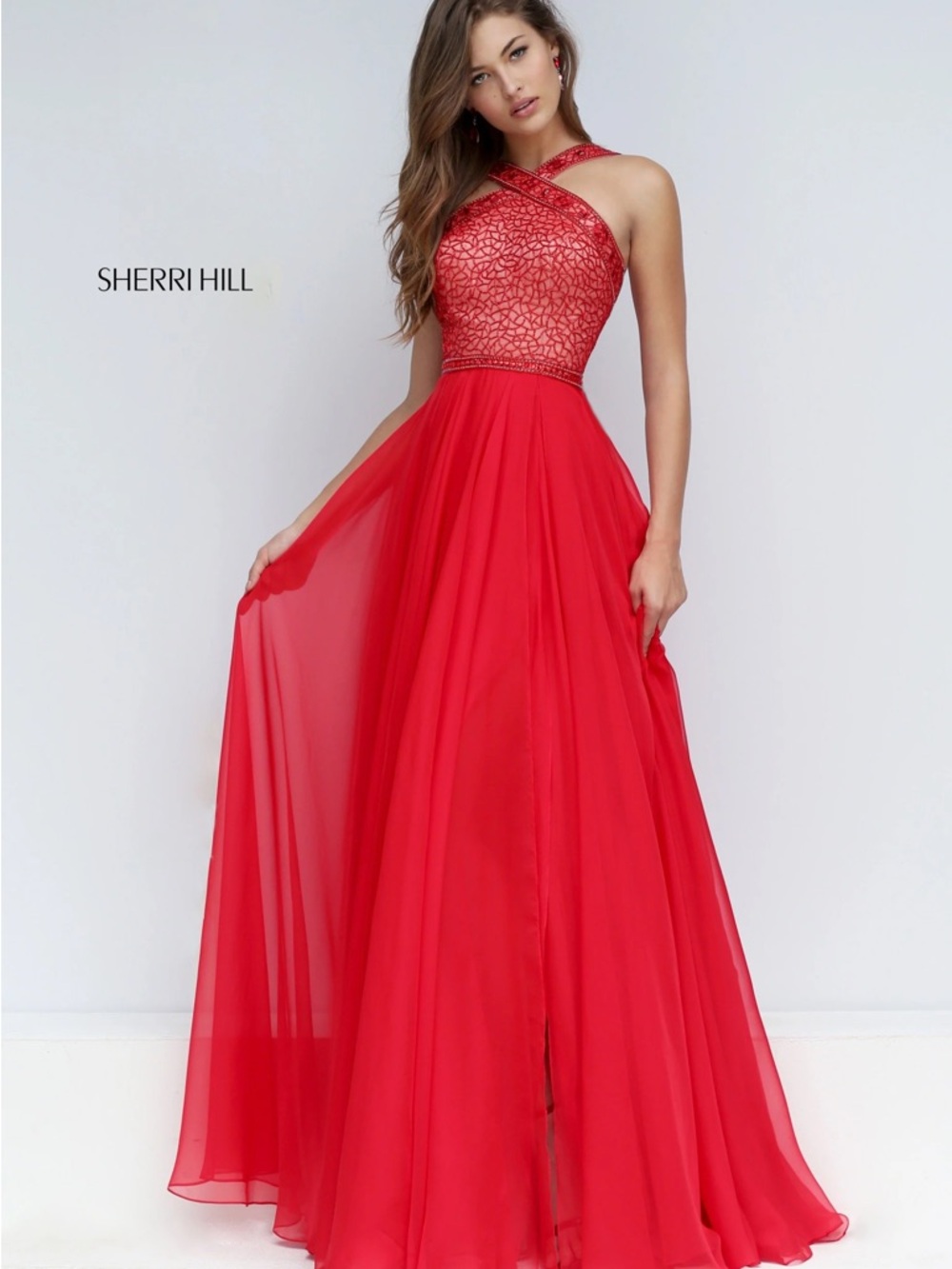 Sherri Hill Vibrant Fuchsia Cross-Neck A-Line Maxi Gown